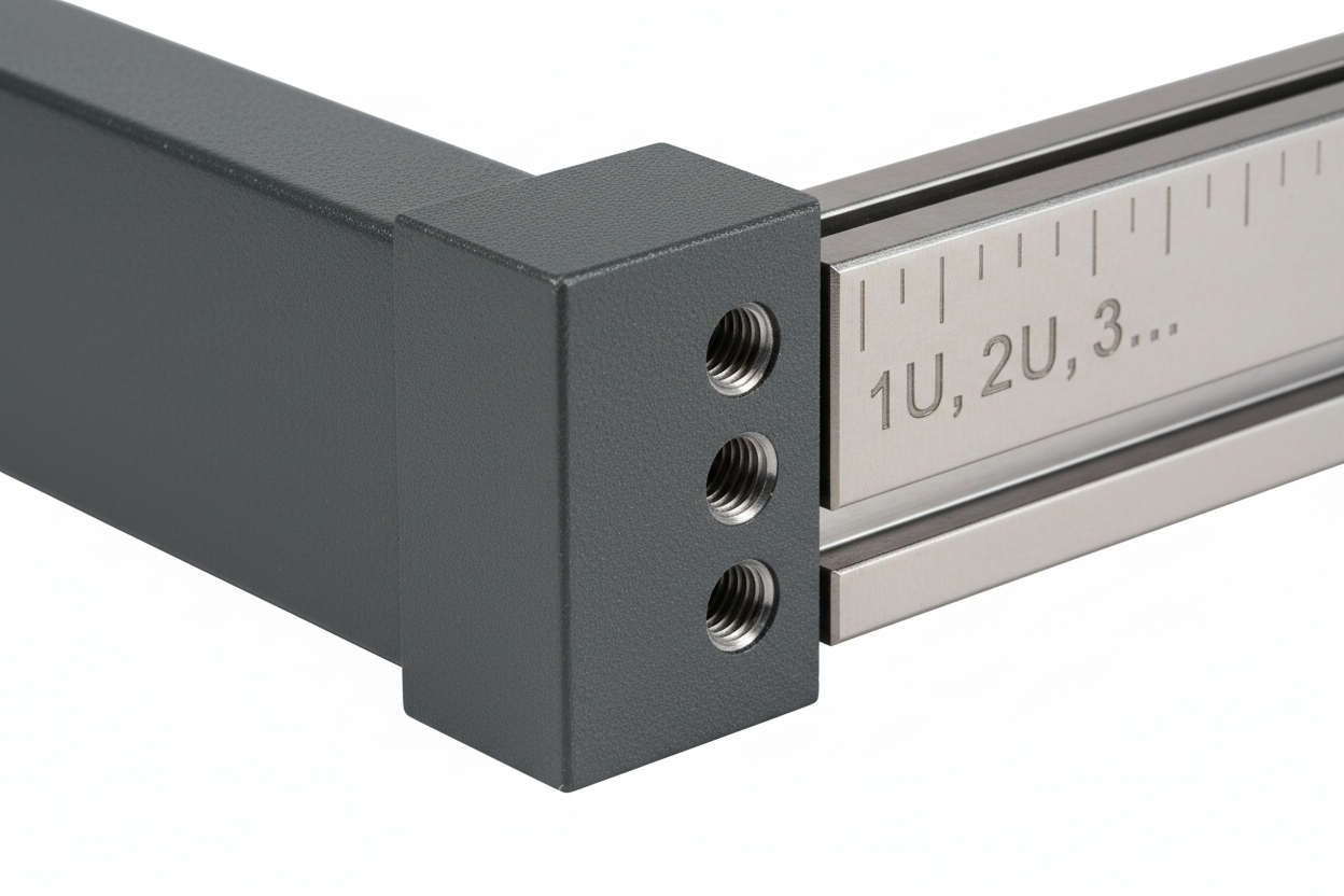 Knurr DCM 42U — Close-up of die-cast aluminum corner joint and M6 threaded 19-inch steel extrusion rail