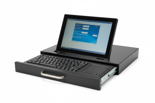Knurr 1U KVM Console Drawer — Studio shot fully extended showing 17-inch LCD, keyboard, and touchpad