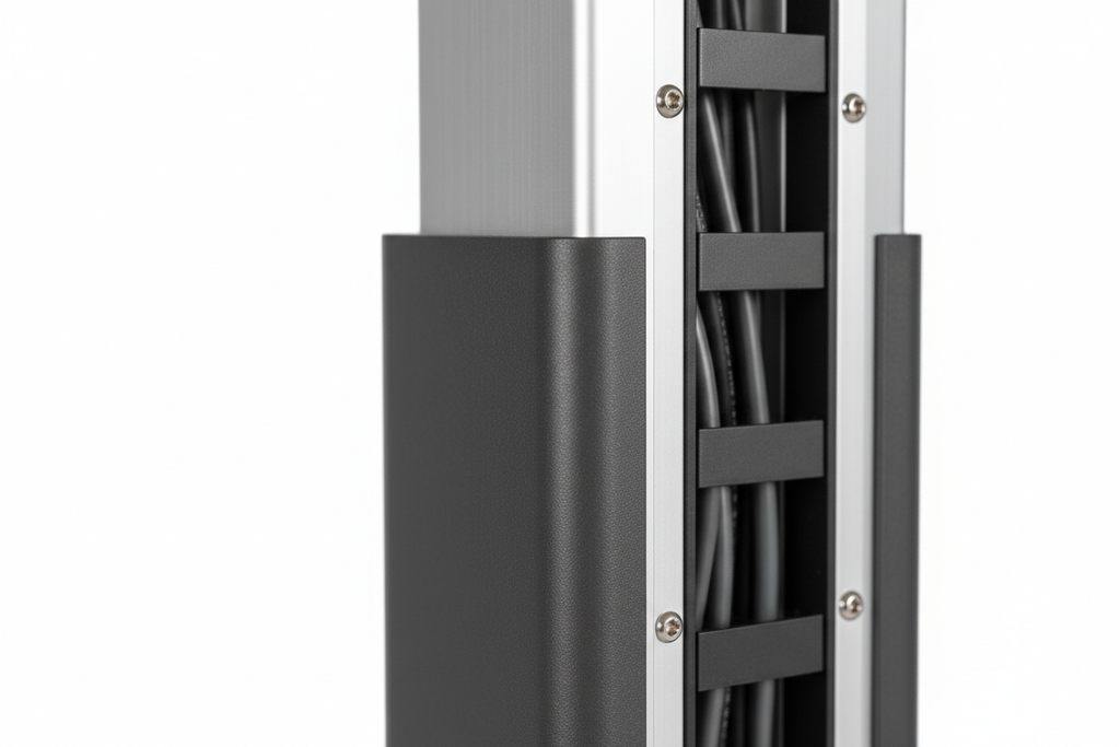 Knurr SynergyConsole — Close-up of motorized lifting column, ErgoEdge PVC desk edge, and integrated cable management raceway