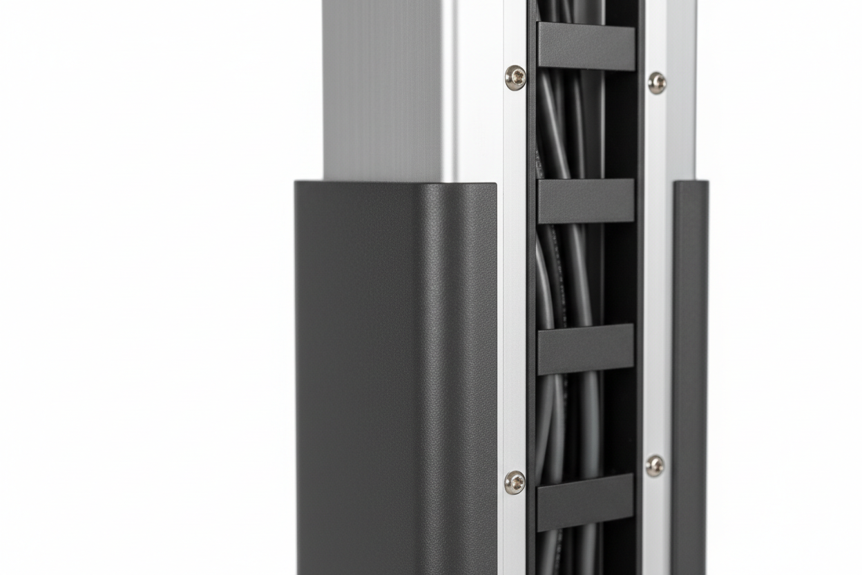 Knurr SynergyConsole — Close-up of motorized lifting column, ErgoEdge PVC desk edge, and integrated cable management raceway