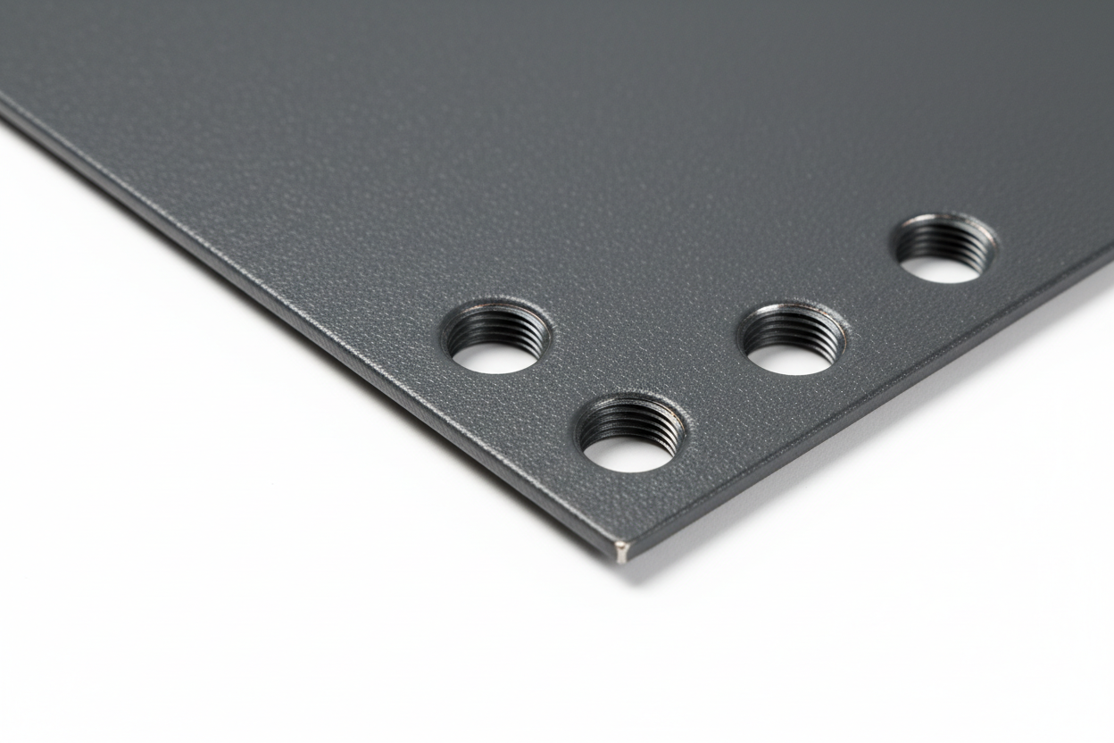 Knurr 1U Blanking Panel — Close-up of steel panel edge, M6 mounting hole pattern, and RAL 7021 powder-coat surface texture