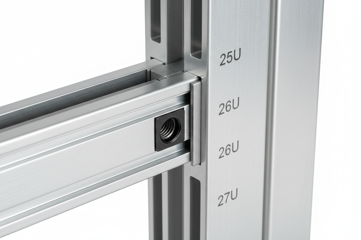 Knurr 4-Post Open Frame Rack 42U — Close-up of adjustable-depth rail slide, M6 cage nut, and U-number laser-etched markings