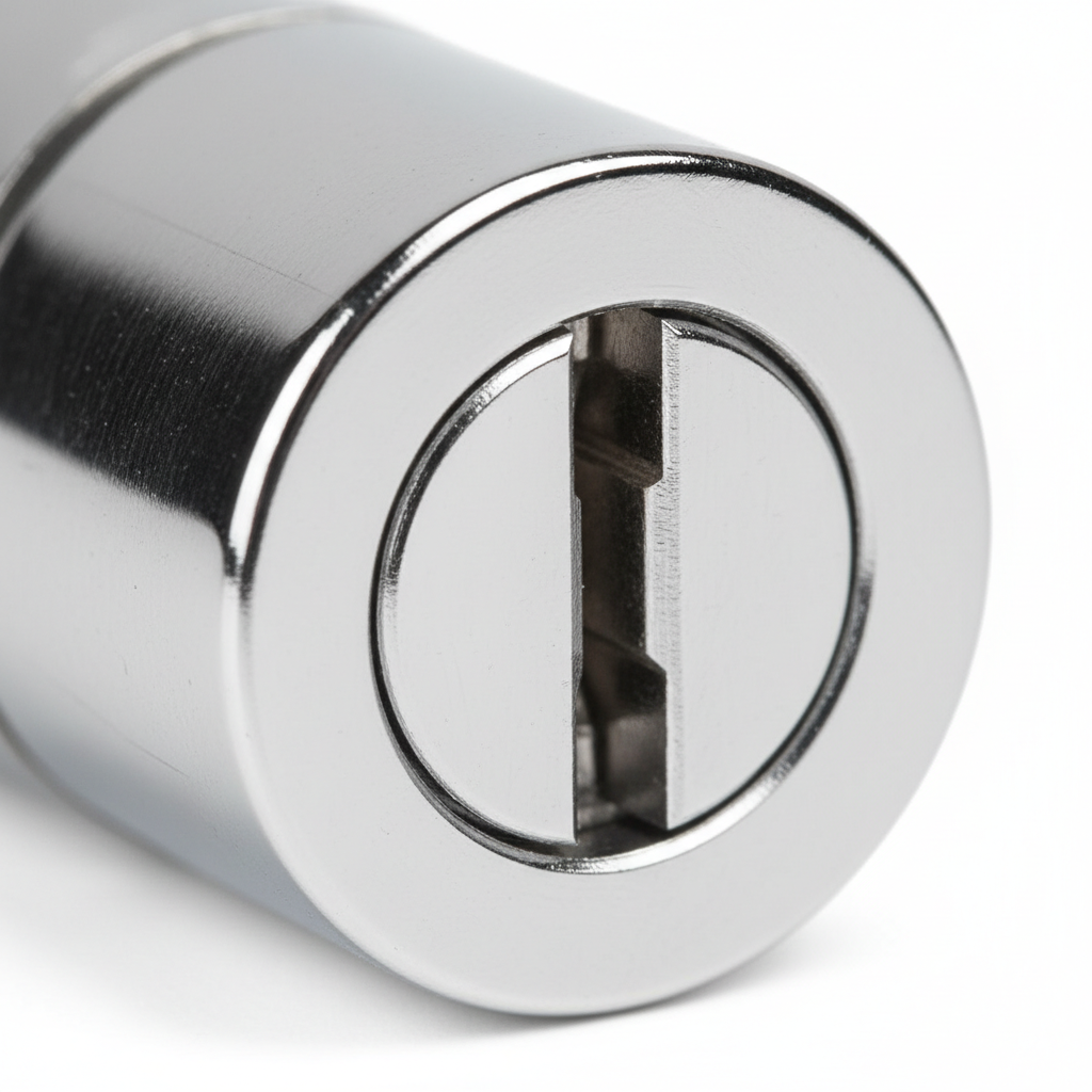 Knurr Lock Cylinder — Close-up of cylinder face, double-bit keyway, and chrome plating finish