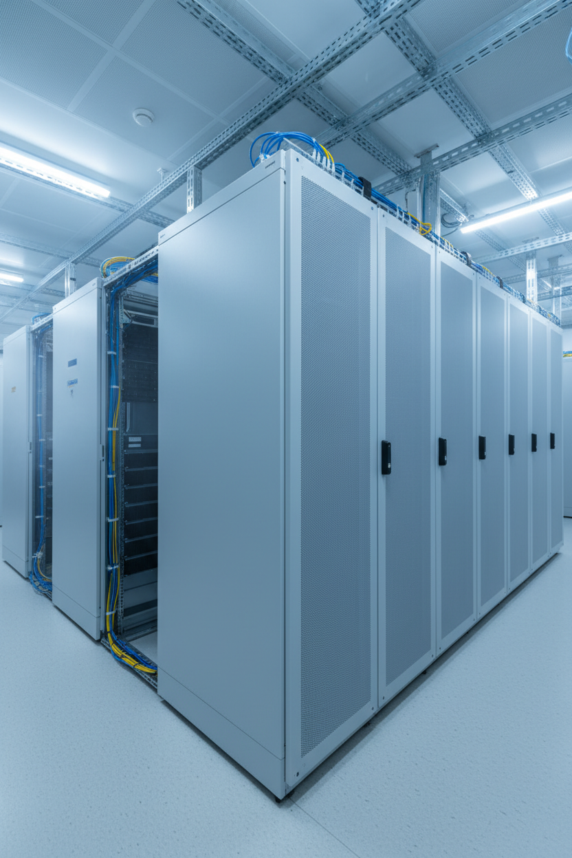 Knurr Side Panels — Installed on a Knurr 42U DCM rack in a colocation data center in a sealed row configuration
