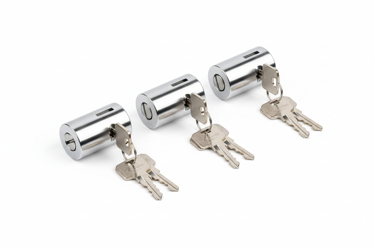 Knurr Lock Cylinder Set Keyed Alike 3-Pack — Studio shot of three chrome cylinders with double-bit keys laid out on white background
