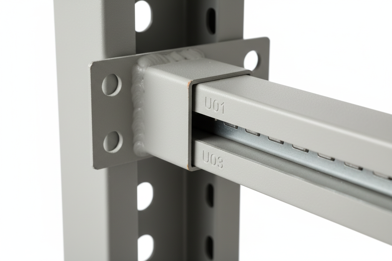 Knurr 2-Post Relay Rack 25U — Close-up of M5 rack-nut rail channel, U-labeling, and welded steel crossbar construction