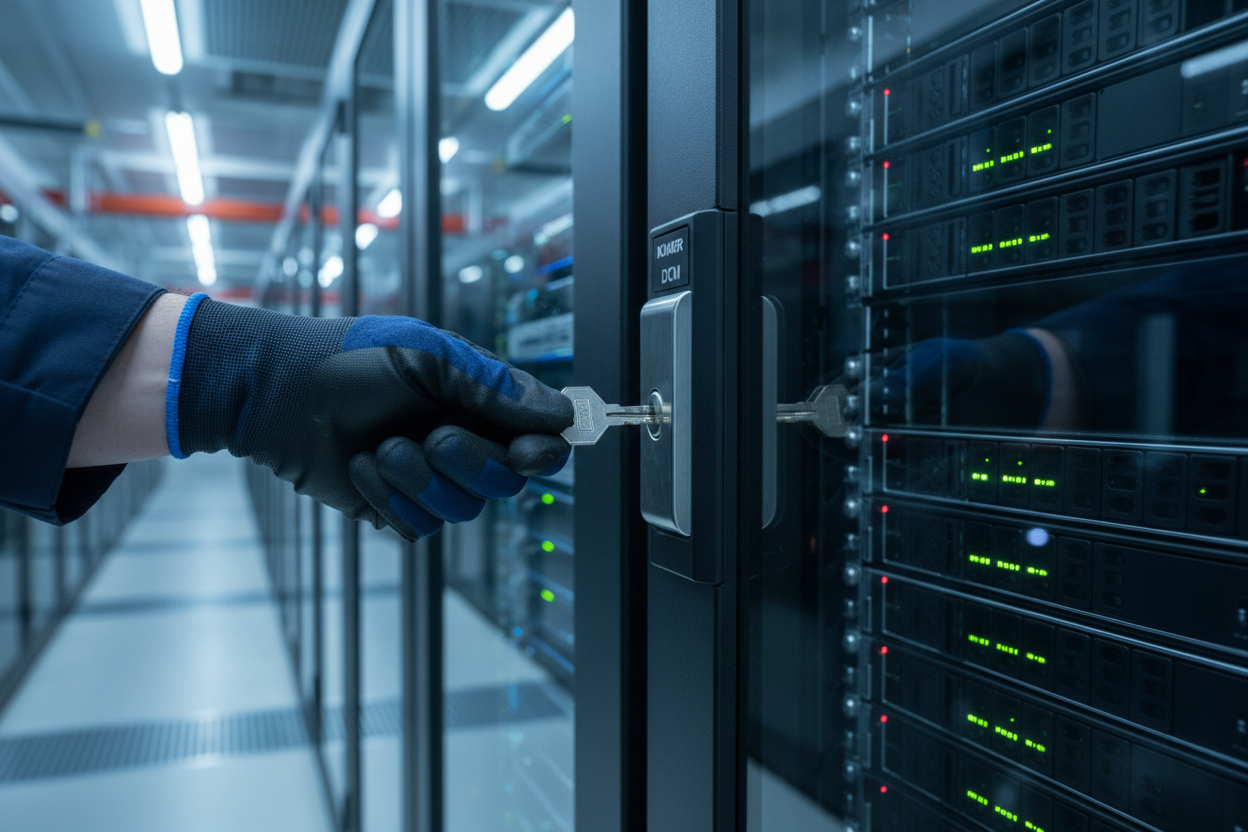 Knurr Lock Cylinder — Technician inserting key into front door lock port of a Knurr DCM rack in a co-location data center