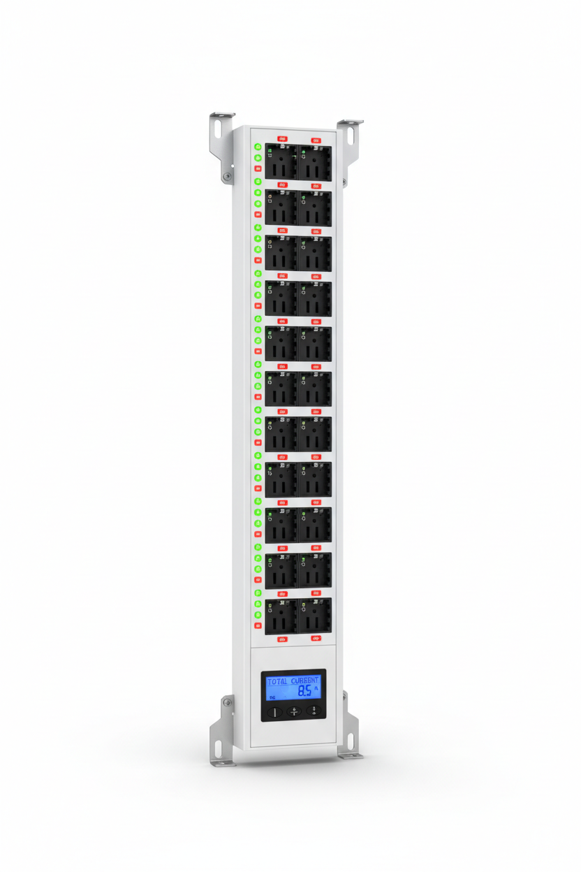 Knurr Vertical 0U Rack PDU 32A 20-Outlet — Studio shot showing outlet array, LED indicators, and current display