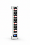 Knurr Vertical 0U Rack PDU 32A 20-Outlet — Studio shot showing outlet array, LED indicators, and current display