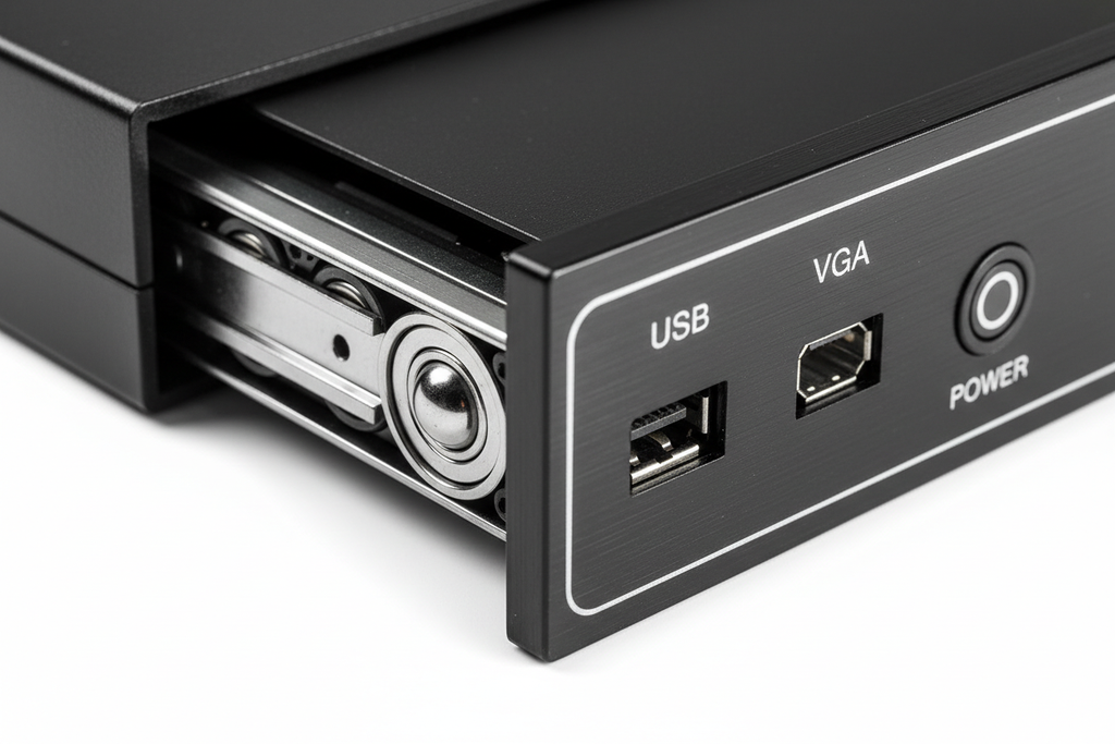 Knurr 1U KVM Console Drawer — Close-up of ball-bearing drawer slide and brushed-aluminum bezel with USB/VGA port labeling