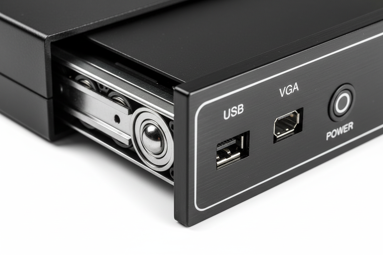 Knurr 1U KVM Console Drawer — Close-up of ball-bearing drawer slide and brushed-aluminum bezel with USB/VGA port labeling