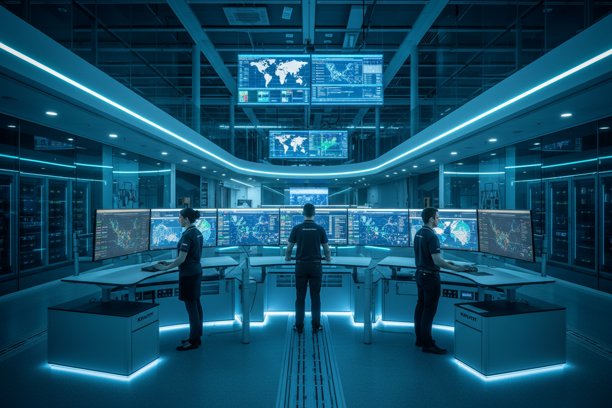Knurr SynergyConsole — Deployed in a network operations center with operators at sit-stand height and multi-monitor arrays