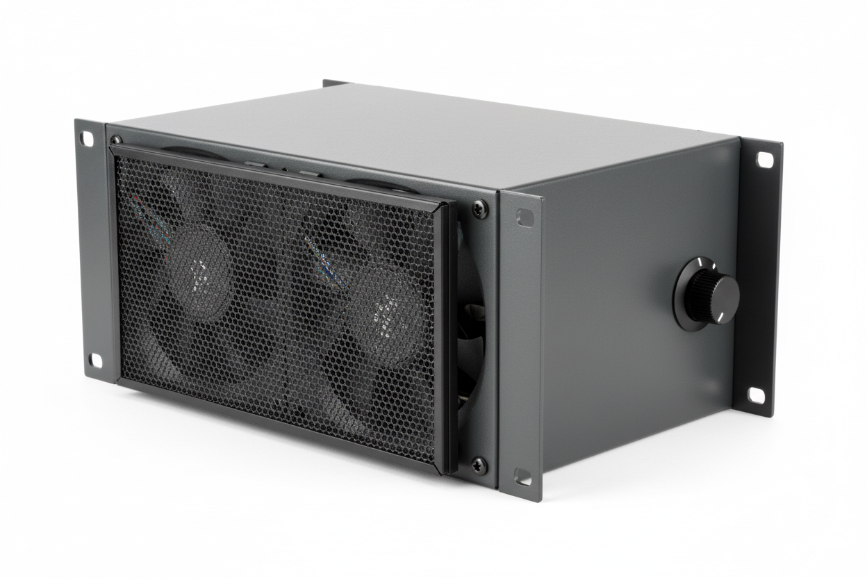 Knurr 2U Rack Fan Tray — Studio shot showing front filter grille, four fan faces, and speed controller dial