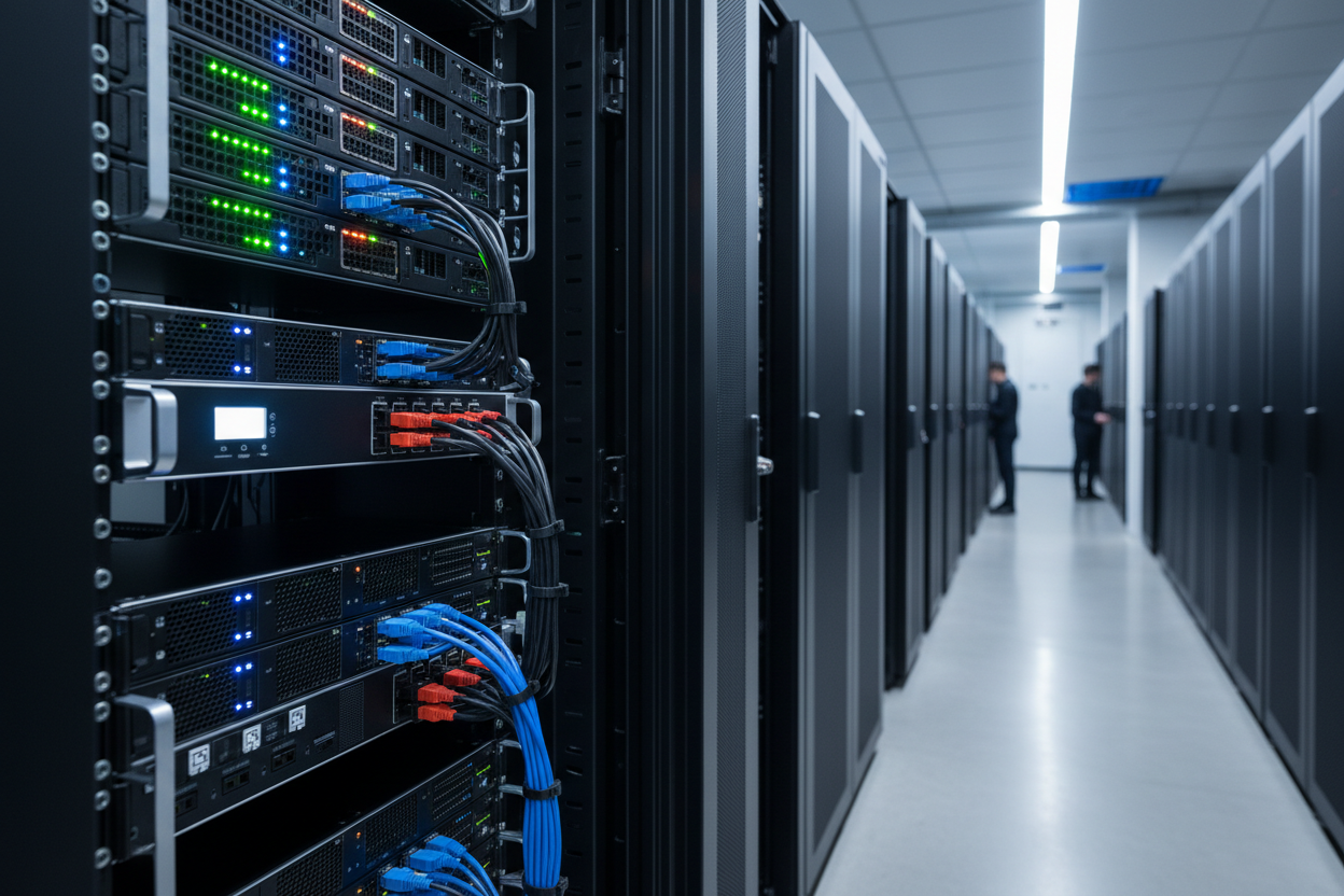 Knurr 1U Horizontal PDU — Mounted in a 42U rack with IEC patch cables fanning out to server PSUs in a data center aisle