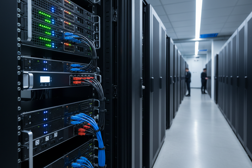 Knurr 1U Horizontal PDU — Mounted in a 42U rack with IEC patch cables fanning out to server PSUs in a data center aisle