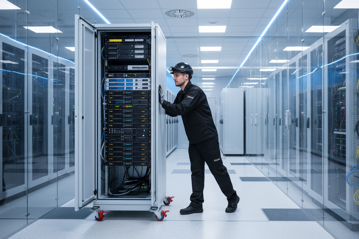 Knurr Caster Set — Technician pushing a fully populated Knurr DCM rack across raised floor during rack relocation with brake casters locked