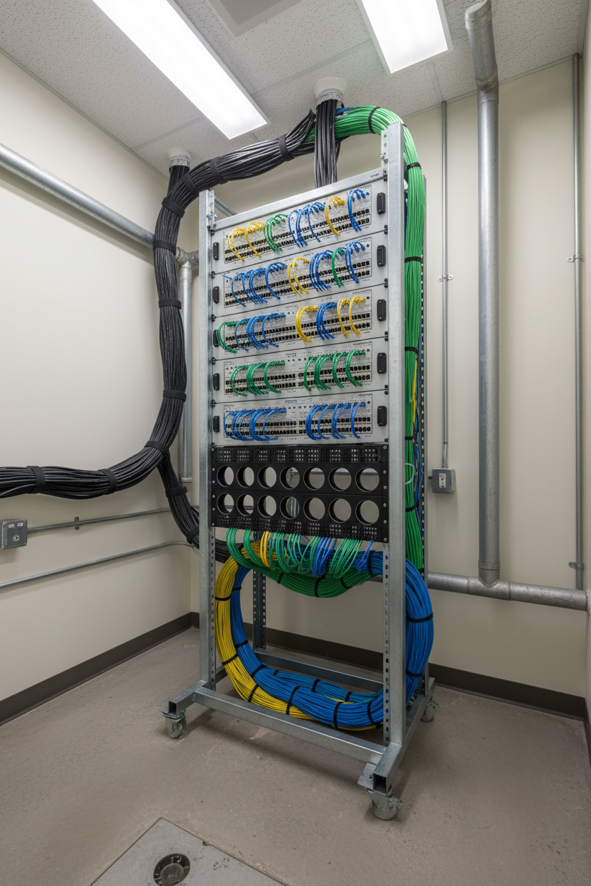 Knurr 2-Post Relay Rack 25U — In a structured-cabling IDF wiring closet with 24-port patch panels and D-ring cable management
