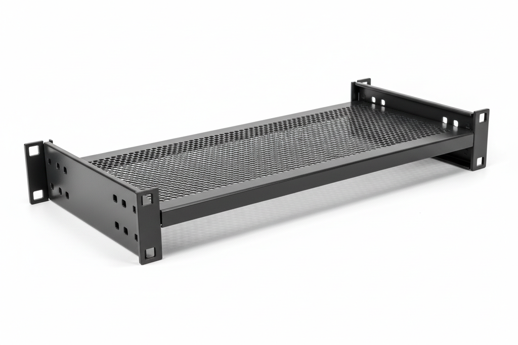 Knurr 1U Fixed Rack Shelf 400mm — Studio shot at 45° showing perforated deck, side mounting flanges, and RAL 7021 finish