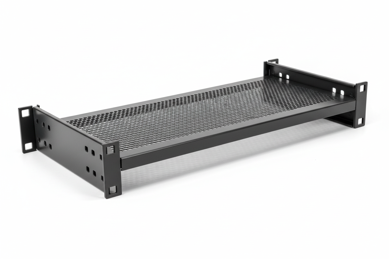 Knurr 1U Fixed Rack Shelf 400mm — Studio shot at 45° showing perforated deck, side mounting flanges, and RAL 7021 finish