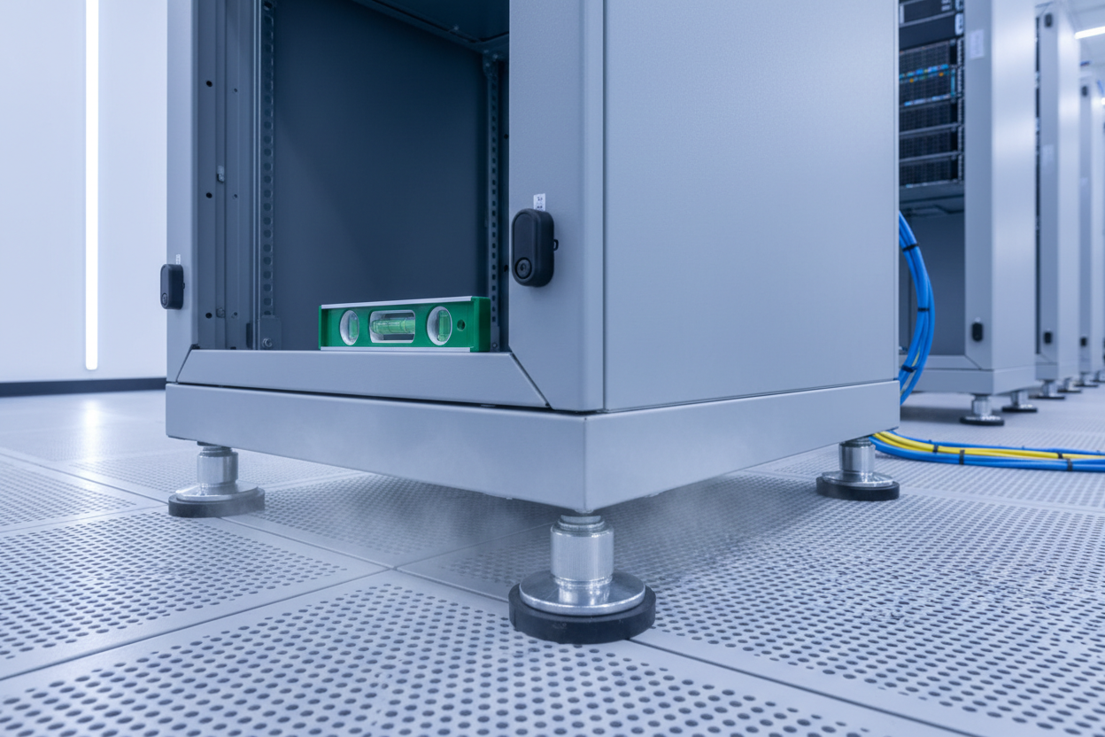 Knurr Leveling Feet — Installed at base corners of a Knurr DCM rack on raised floor tiles with spirit level showing rack is plumb