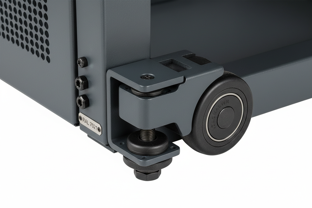 Knurr DCM 47U Mobile Rack — Close-up of heavy-duty castor assembly, integrated leveling foot, and RAL 7021 base frame