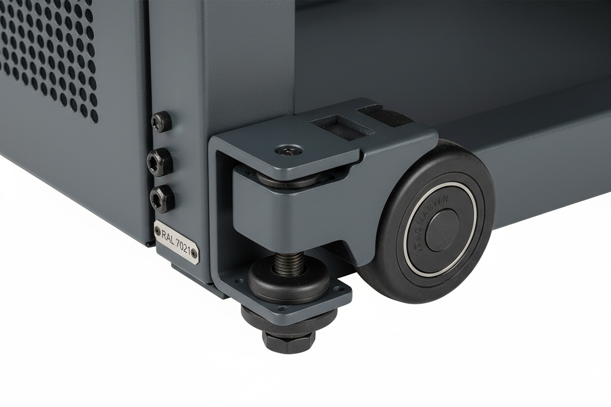 Knurr DCM 47U Mobile Rack — Close-up of heavy-duty castor assembly, integrated leveling foot, and RAL 7021 base frame