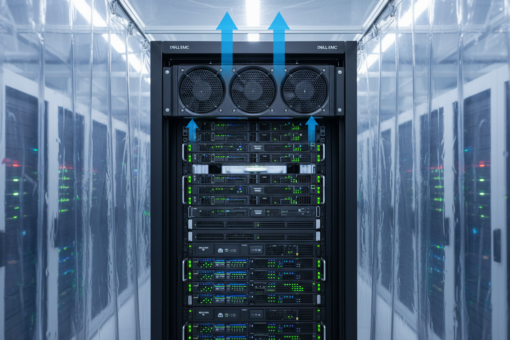 Knurr 2U Rack Fan Tray — Installed in top two rack units of a fully populated 42U server rack in hot/cold aisle containment