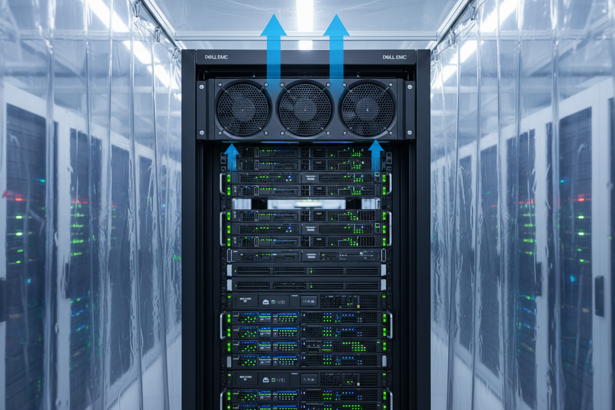 Knurr 2U Rack Fan Tray — Installed in top two rack units of a fully populated 42U server rack in hot/cold aisle containment