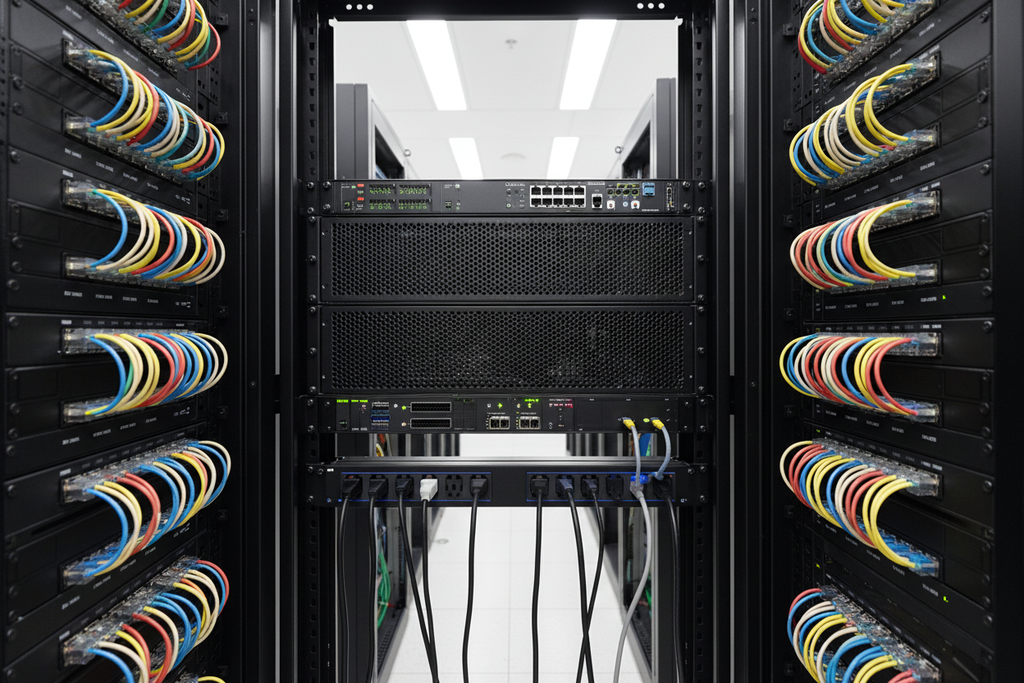 Knurr 2U Vented Blanking Panels — Installed in middle section of a telecom rack alongside patch panels and power strips