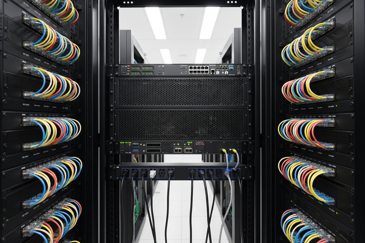 Knurr 2U Vented Blanking Panels — Installed in middle section of a telecom rack alongside patch panels and power strips