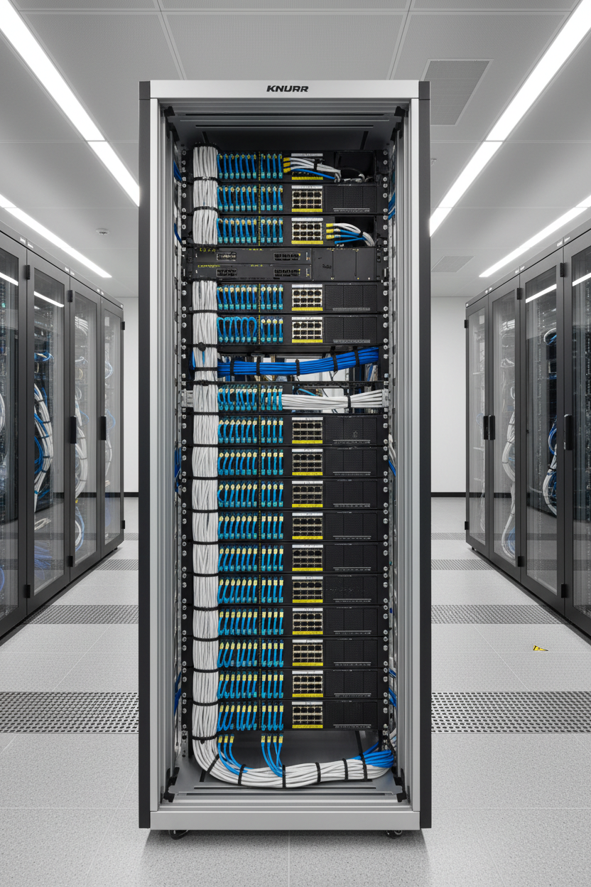 Knurr MIR2 47U — Populated with patch panels and 1U switches in a modern raised-floor server room
