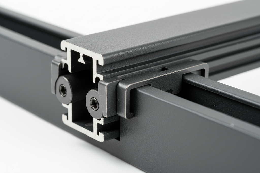 Knurr MIR2 47U — Close-up of T-groove aluminum extrusion and continuously adjustable 19-inch rail depth mechanism