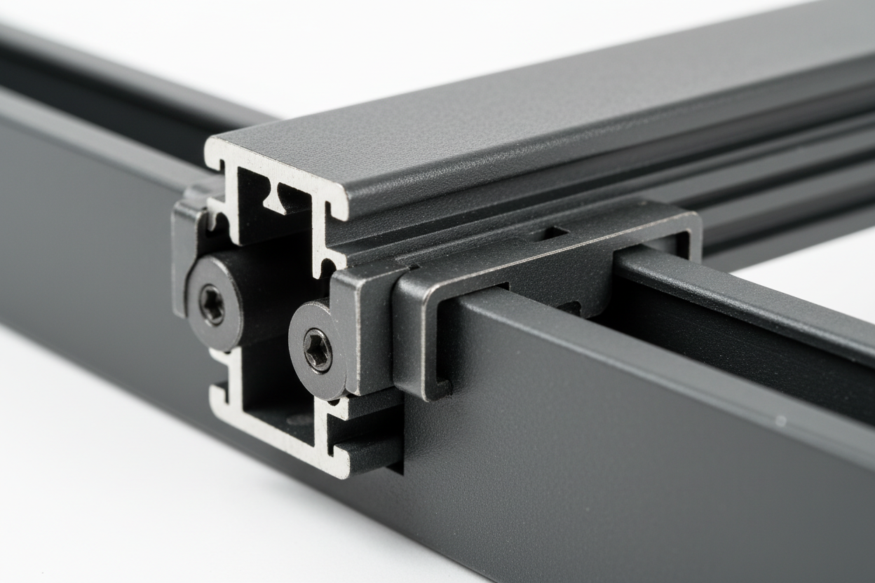 Knurr MIR2 47U — Close-up of T-groove aluminum extrusion and continuously adjustable 19-inch rail depth mechanism