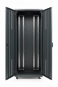 Knurr DCM 42U Server Rack Enclosure — Studio shot with both doors open showing interior 19-inch extrusions