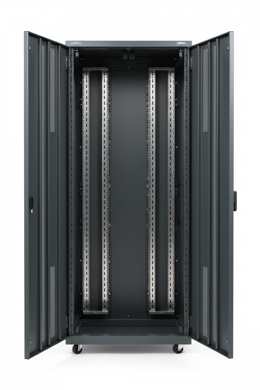 Knurr DCM 42U Server Rack Enclosure — Studio shot with both doors open showing interior 19-inch extrusions