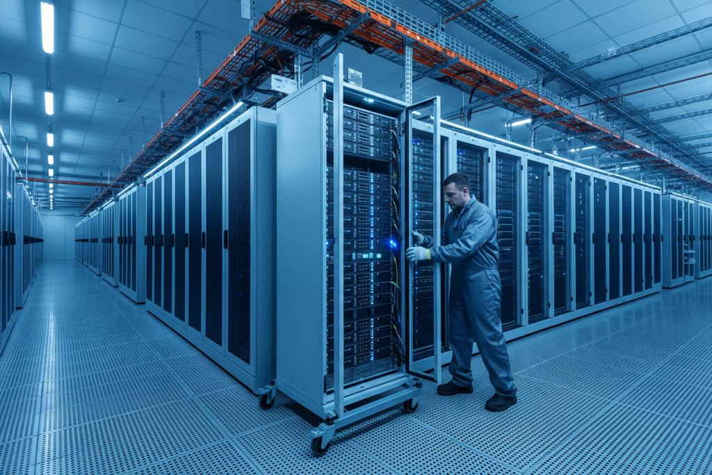 Knurr DCM 47U Mobile Rack — Data center technician repositioning the rack across a raised floor in a colocation hall