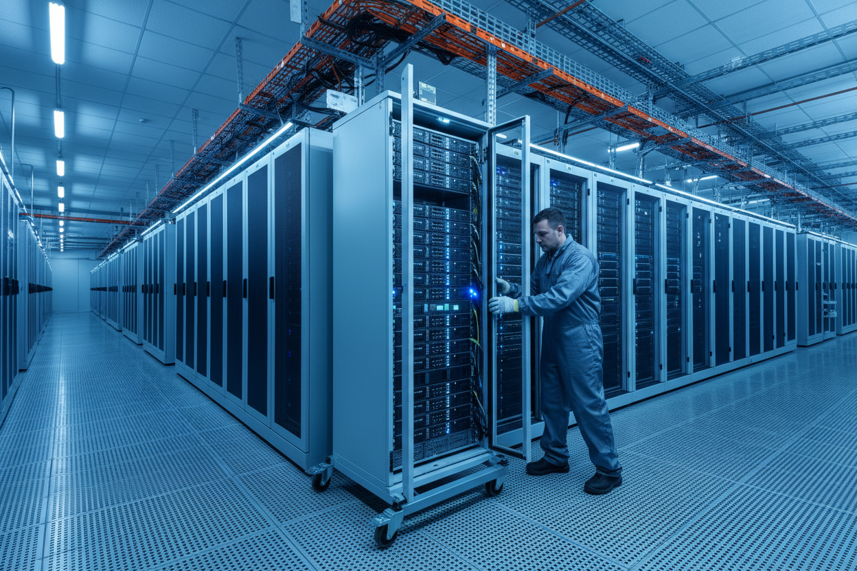 Knurr DCM 47U Mobile Rack — Data center technician repositioning the rack across a raised floor in a colocation hall