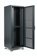Knurr DCM 47U Colocation Server Rack Mobile — Studio shot with casters and leveling feet visible, rear door open
