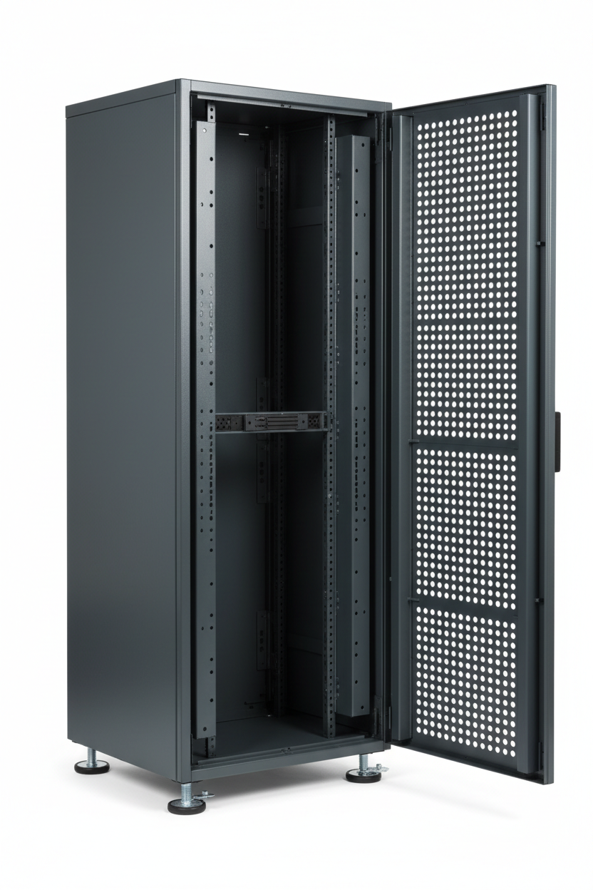 Knurr DCM 47U Colocation Server Rack Mobile — Studio shot with casters and leveling feet visible, rear door open