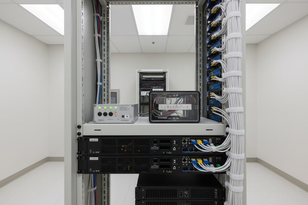Knurr 1U Rack Shelf — Installed in a 42U rack in a hospital data closet supporting a media converter chassis and fiber splice tray