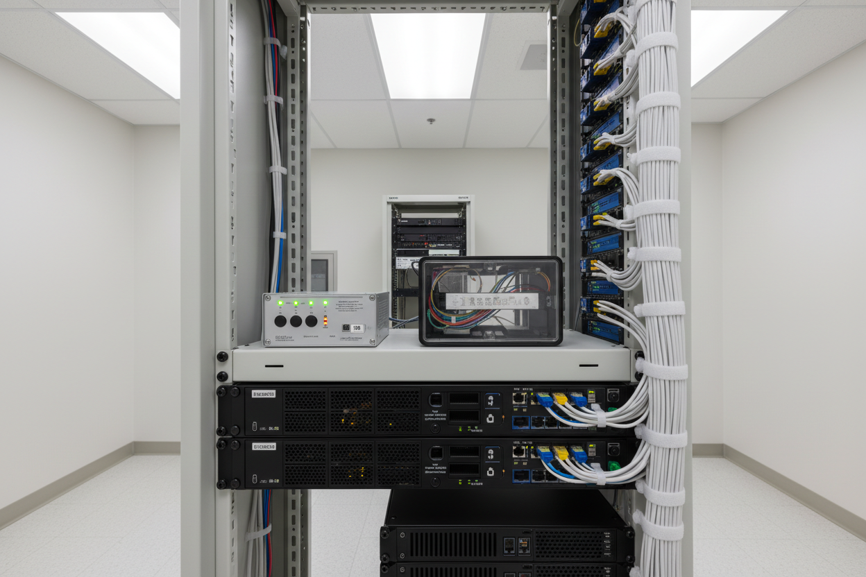 Knurr 1U Rack Shelf — Installed in a 42U rack in a hospital data closet supporting a media converter chassis and fiber splice tray