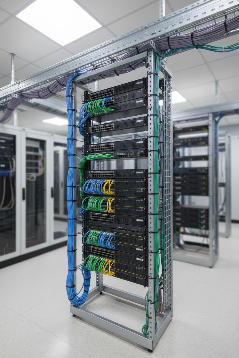 Knurr 4-Post Open Frame Rack 42U — Densely populated with patch panels and switches in a structured-cabling MDF room