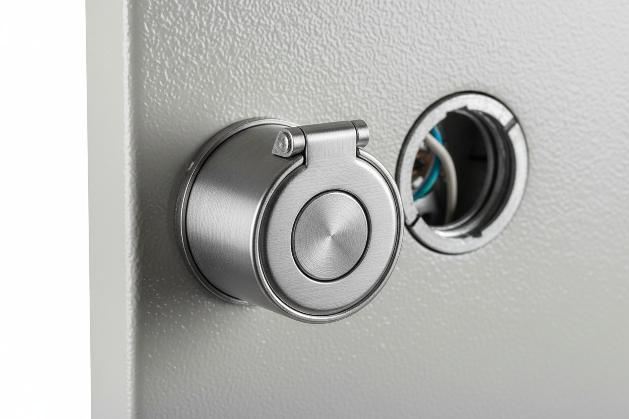 Knurr 6U Wall-Mount Enclosure IP 20 — Close-up of hinged steel door lock cylinder, cable knockout panel, and RAL 7035 finish