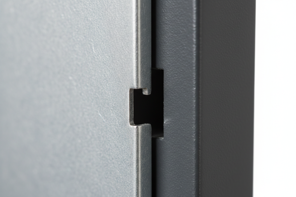 Knurr Side Panel — Close-up of snap-fit mounting channel engagement, zinc-passivated steel edge, and RAL 7021 color consistency against rack frame extrusion
