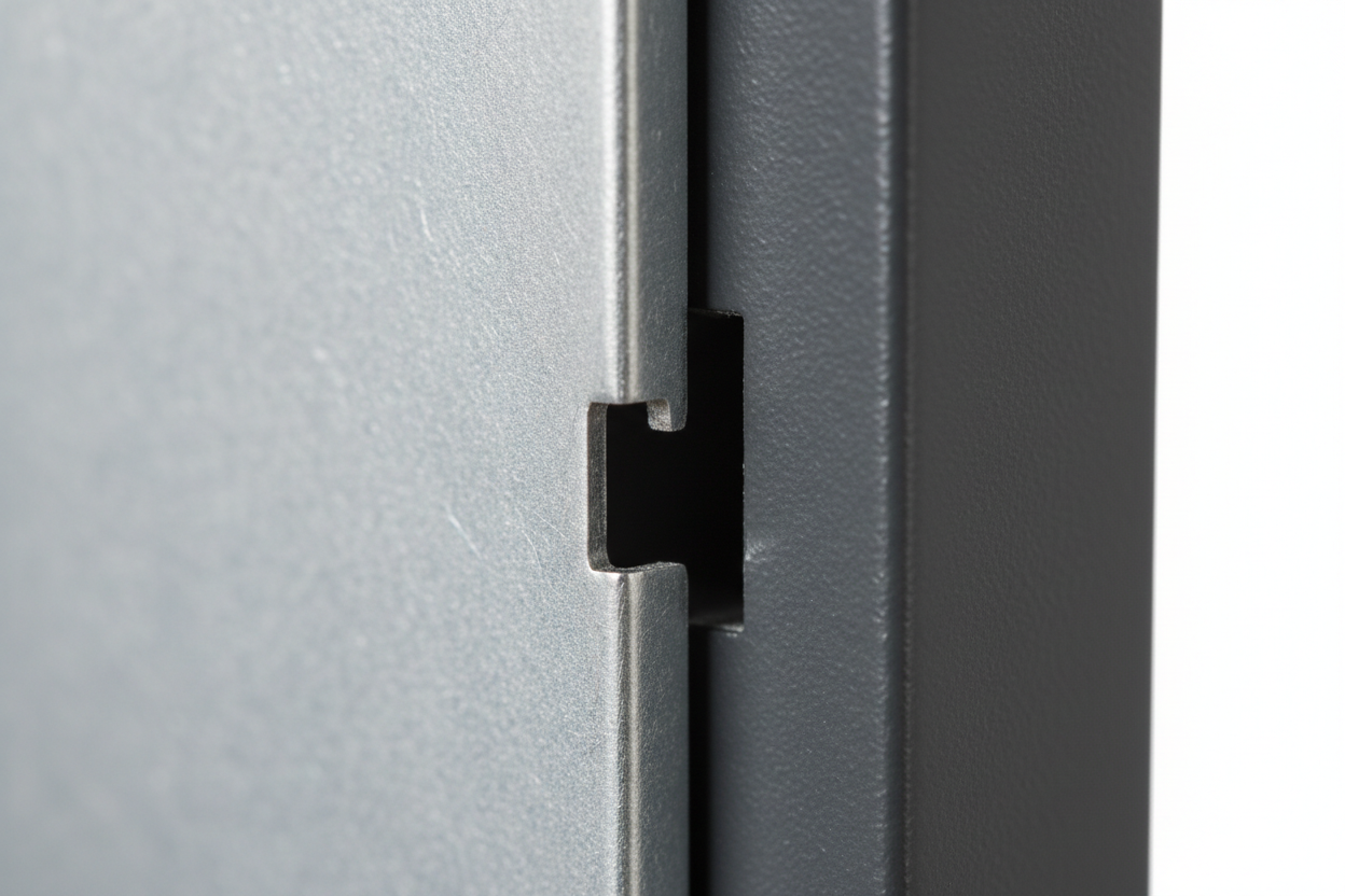 Knurr Side Panel — Close-up of snap-fit mounting channel engagement, zinc-passivated steel edge, and RAL 7021 color consistency against rack frame extrusion