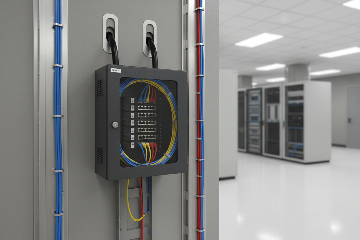 Knurr 6U Wall-Mount Enclosure IP 20 — Mounted at eye level on drywall partition in corporate IT server room with patch cables through top knockouts