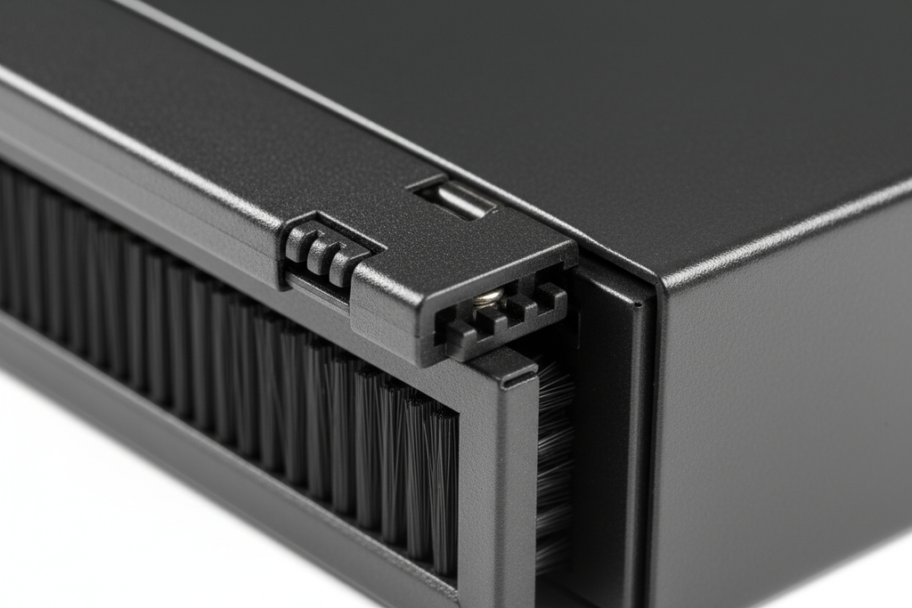 Knurr 2U Horizontal Cable Manager — Close-up of hinged cover latch, brush-panel side exit port, and RAL 7021 corner detail