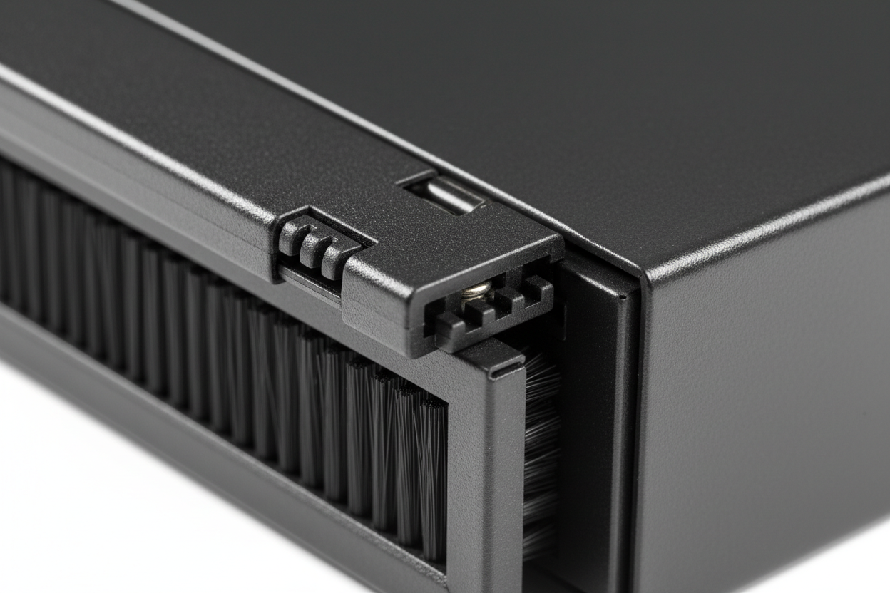Knurr 2U Horizontal Cable Manager — Close-up of hinged cover latch, brush-panel side exit port, and RAL 7021 corner detail