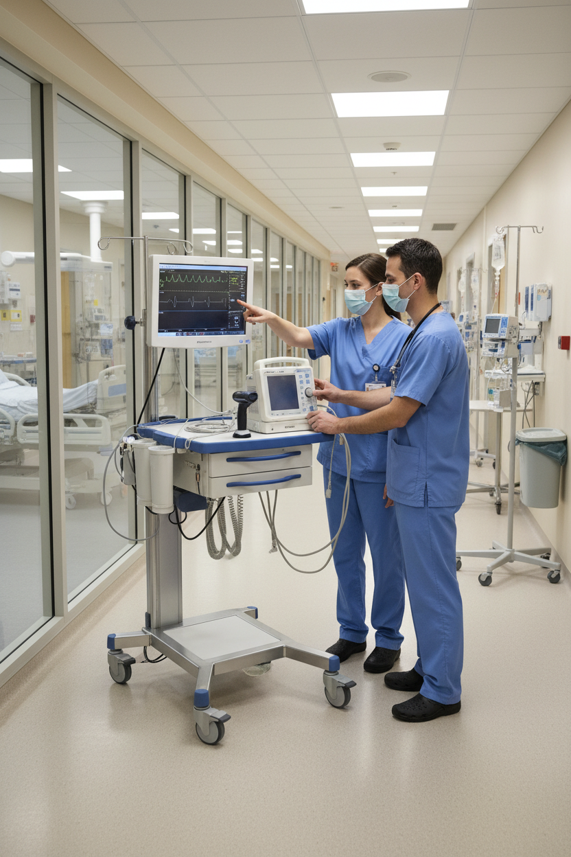 Knurr DacoMobile — In-use in a hospital ICU corridor with clinical staff and mounted diagnostic equipment