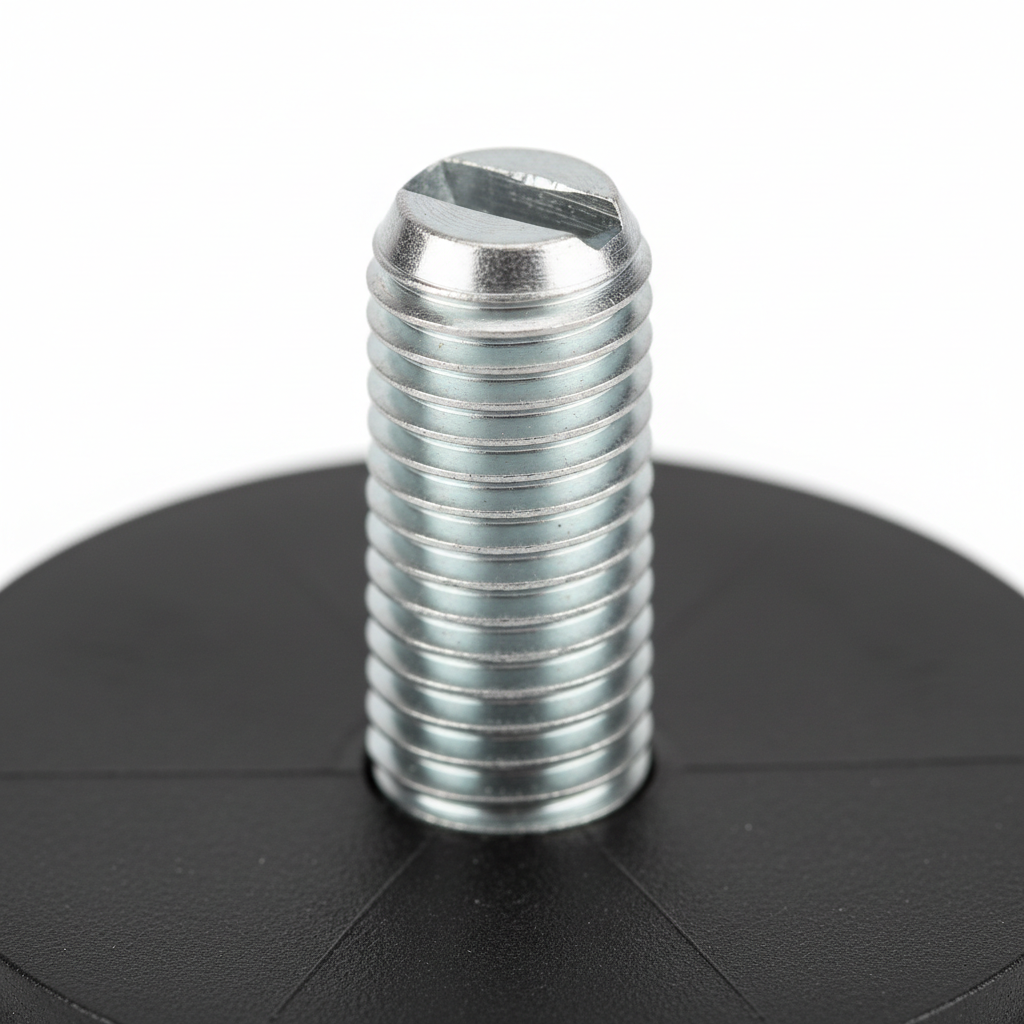 Knurr Leveling Foot — Close-up of M12 threaded rod, flat-blade adjustment slot, and 60mm polyamide non-slip base pad